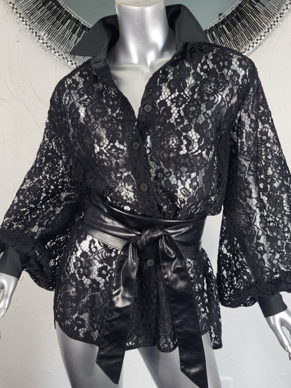 NWOT~$395~COITE~44/L/XL~BLACK LACE FLORAL BALLOON SLEEVE BLOUSE TOP SHIRT TUNIC